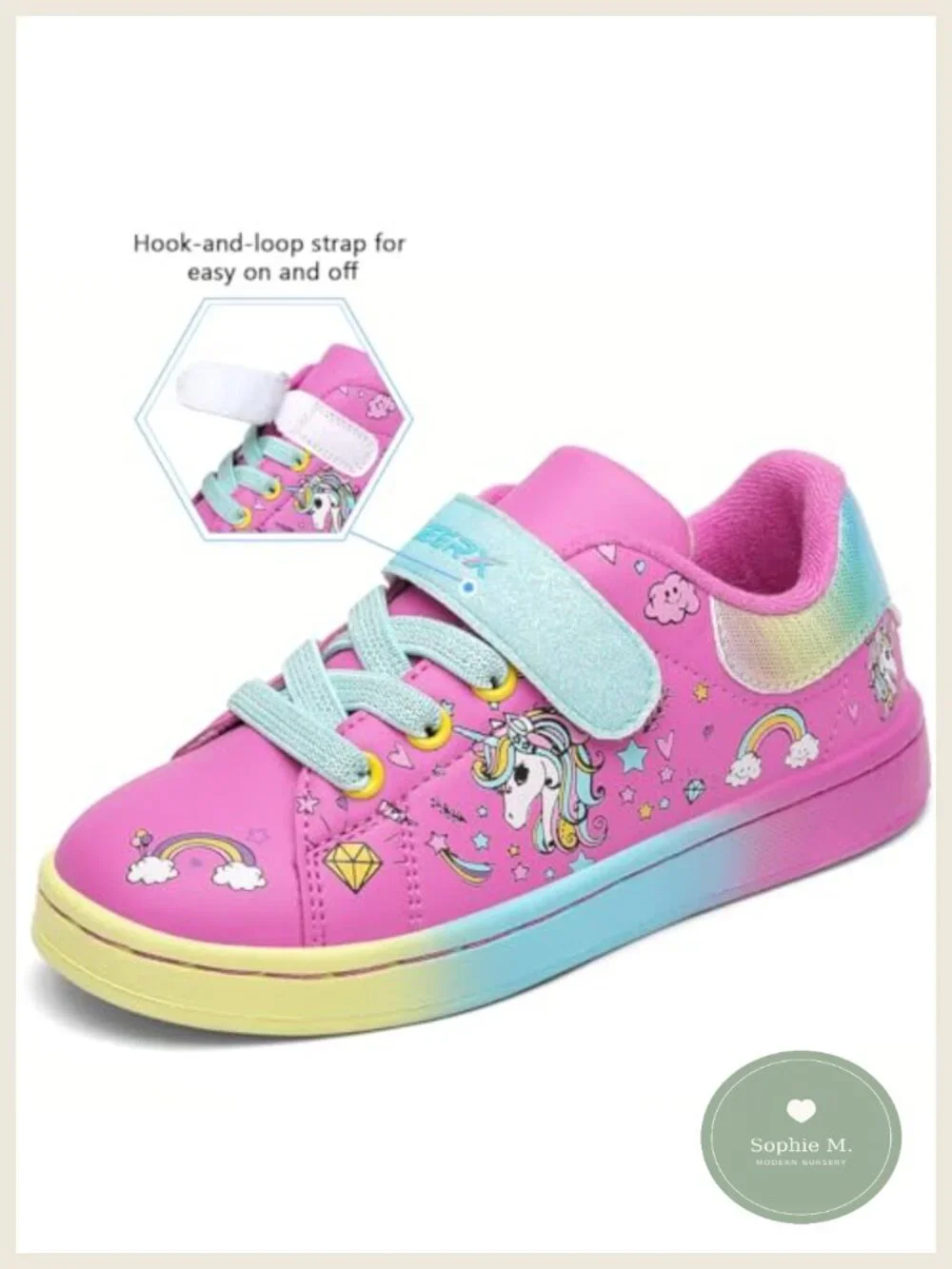Toddler Girl Lightweight Unicorn Sneakers Hook & Loop Closure Non-Tie Laces